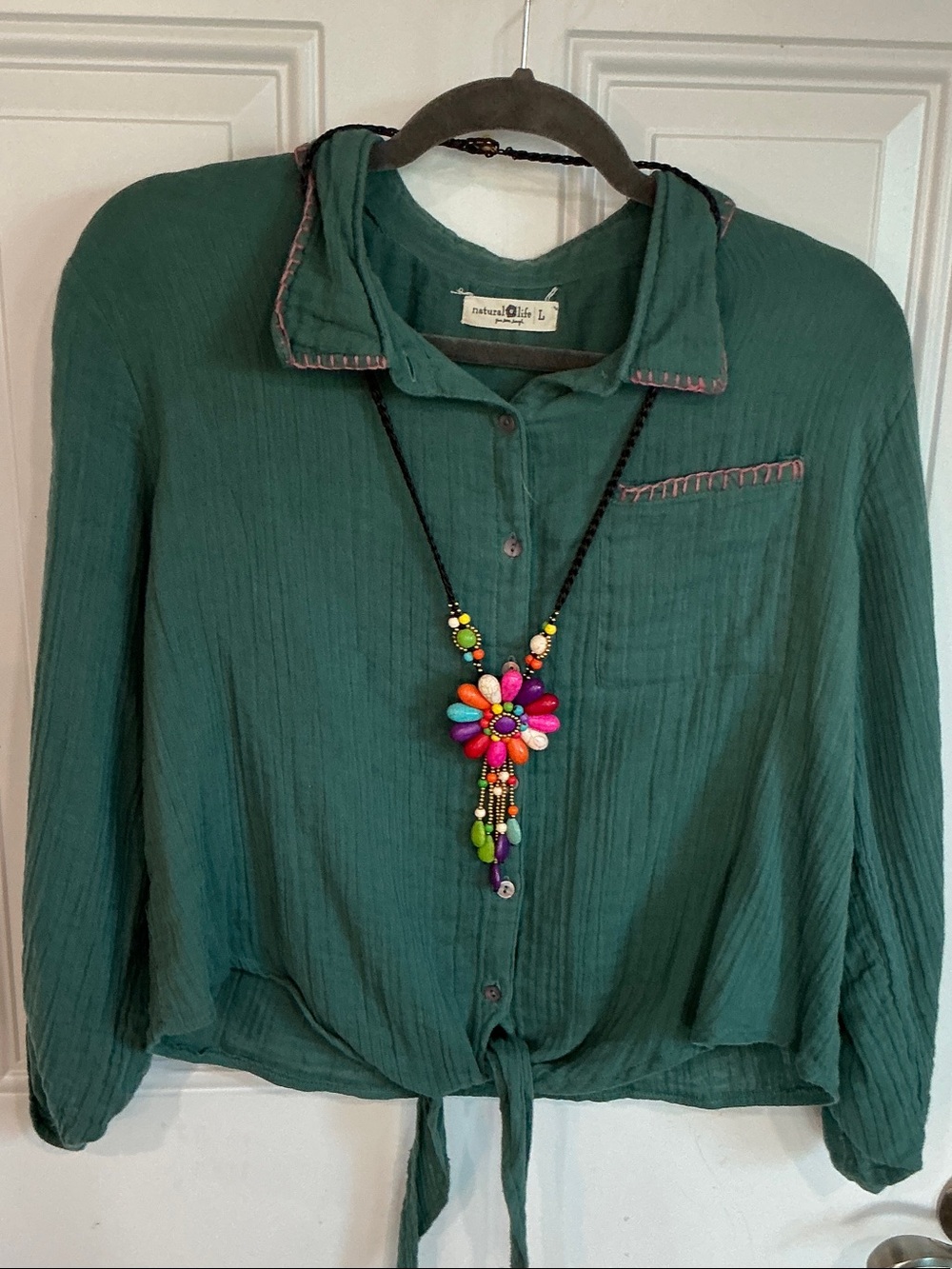 Size L teal color cotton gauze Natural Life button shirt with bottom tie  lovely